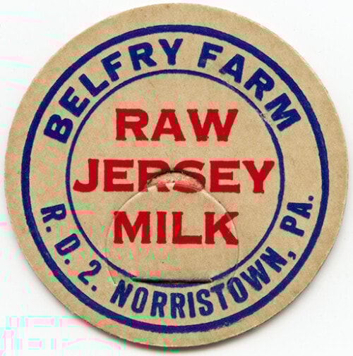Image of vintage milk cap with brown background and text "Belfry Farm, Raw Jersey Milk, R.D.2 Norristown PA"