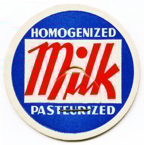 Image of vintage milk cap with blue background and text "homogenized and pasteurized"